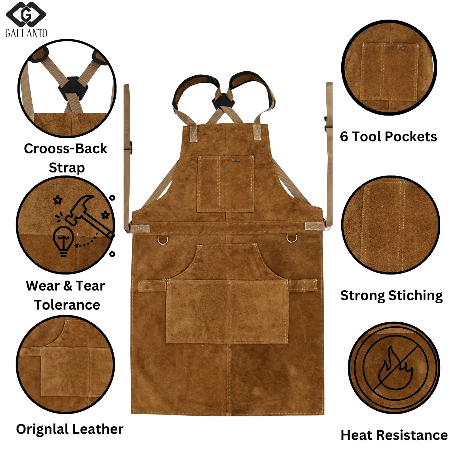 Cowhide Leather Tool Apron – Heavy-Duty, Heat-Resistant, 6 Pockets